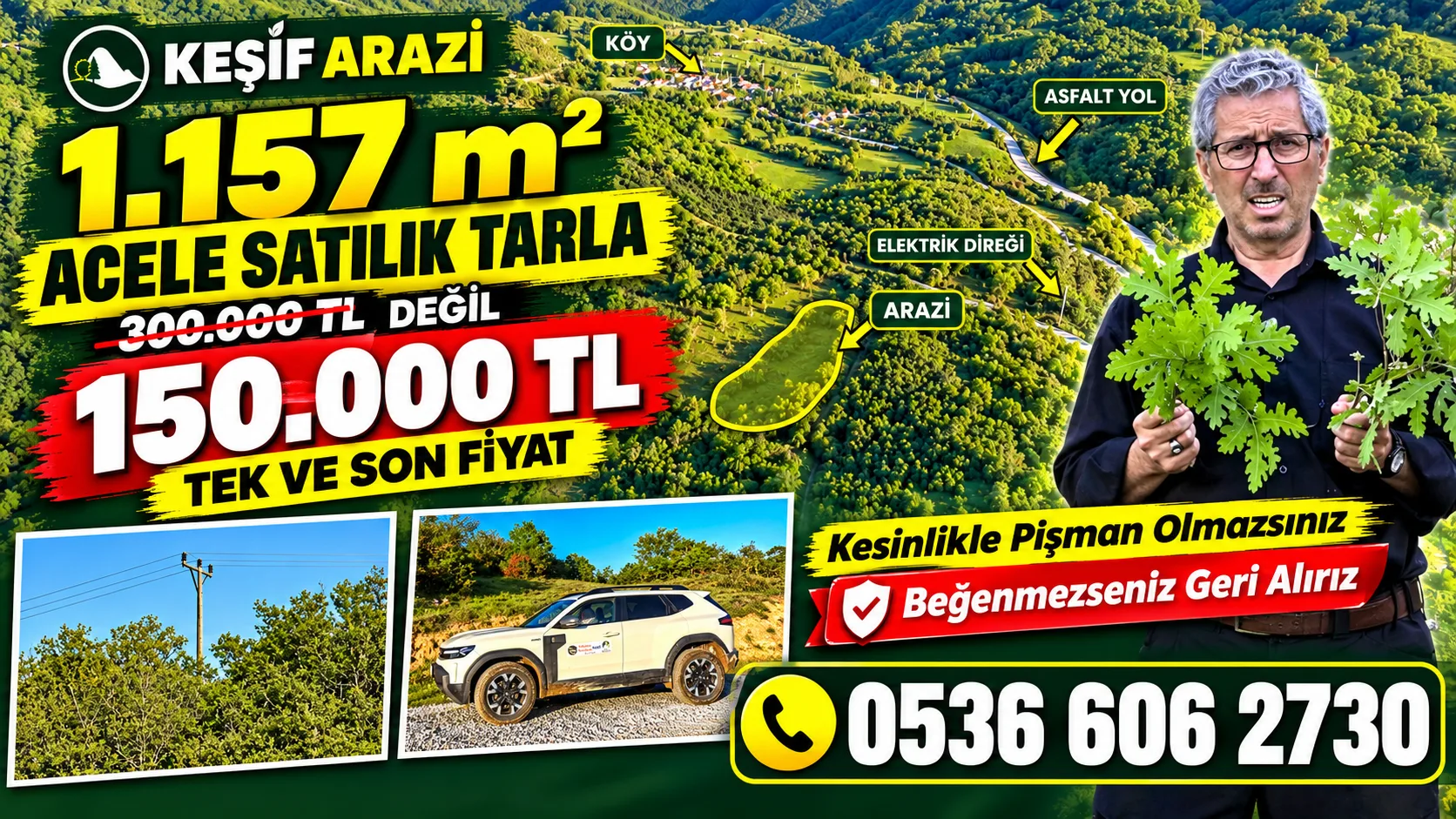 Kapora Aldık... 1.157 M2 Asfalt Dibi Yolu Olan Tarla.  150.000 TL. Beğenmezseniz Geri Alıyoruz.