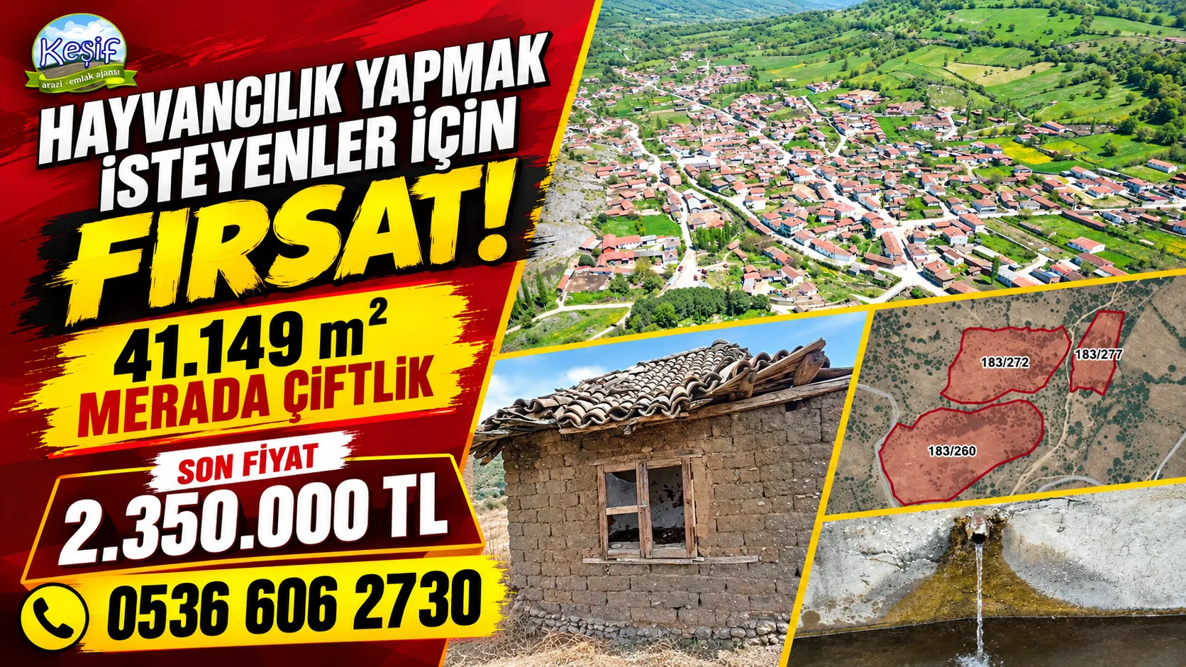 x 41.149 m2 üç tapudan oluşan mera içinde tapuya işli çiftlik. Balıkesir Balyada.